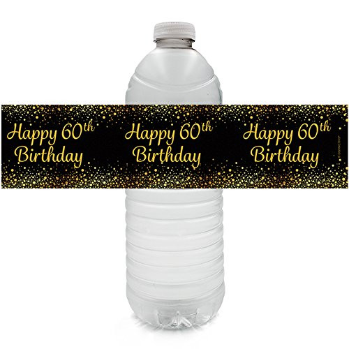 Black and Gold 60th Birthday Party Water Bottle Labels (24 Count)