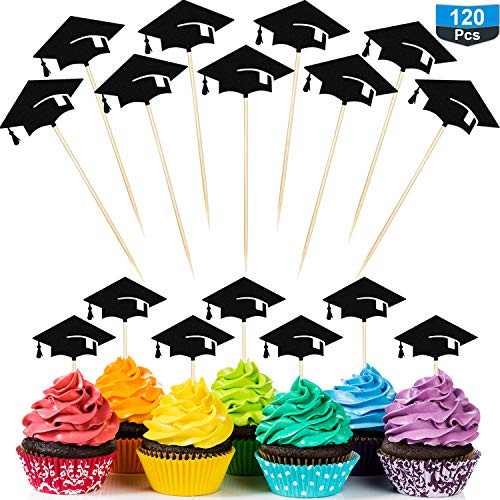 120 Packs Graduation Cake Topper Graduation Cap Toothpicks Graduation Cupcake Toppers Creative Graduation Cap Party Cake Topper, Black