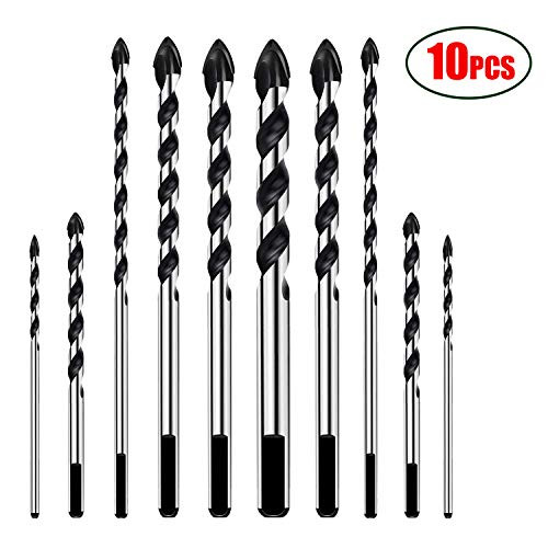 Multi Material Drill Bit Set,ZINMOND 10PCS Masonry Drill and Twist Drill Bits Industrial Strength Tungsten Carbide Tip Drill Bits for TILE, BRICK, CEMENT, CONCRETE, GLASS, PLASTIC, CINDERBLOCK, WOOD.