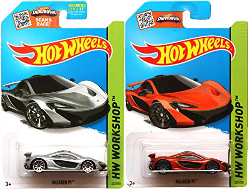 McLaren P1 SET of Hot Wheels 2 cars Orange + Silver HW Workshop Garage 2015 #223 IN PROTECTIVE CASES