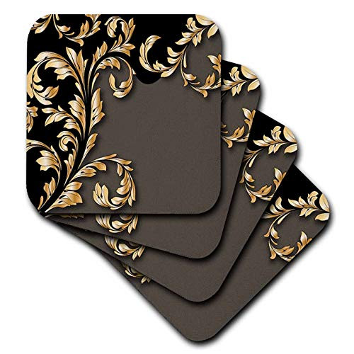 3dRose cst_78102_2 Two Toned Black and Gray with a Wide Leafy Gold Flourish Soft Coasters, Set of 8
