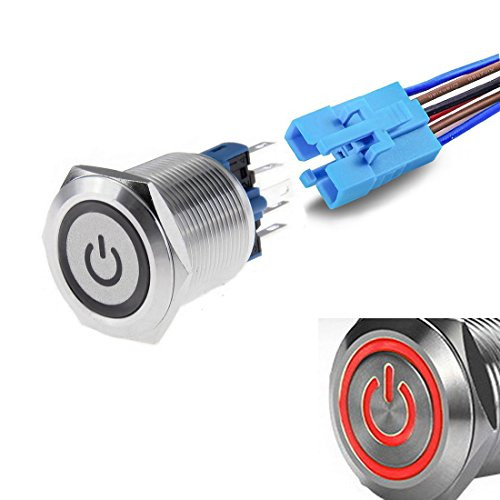 WerFamily Power Symbol Red LED 22mm Latching Push Button Switch 1NO 1NC SPDT ON/OFF Waterproof Stainless Steel Metal Round with Wire Socket Plug