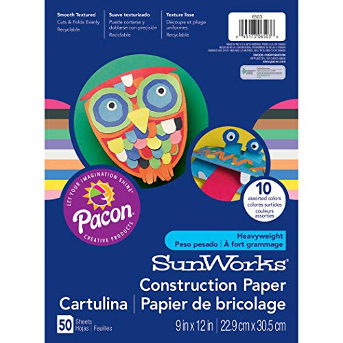 SunWorks PAC6503BN Construction Paper, 10 Assorted Colors, 9" x 12", 50 Sheets Per Pack, 10 Packs