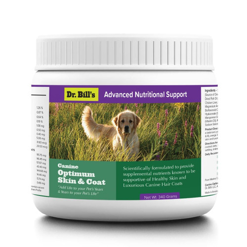 Dr. Bill's Canine Optimum Skin & Coat Pet Supplement - With Omega-3 fatty acids, Collagen Type I, III, Biotin, and Vitamin E