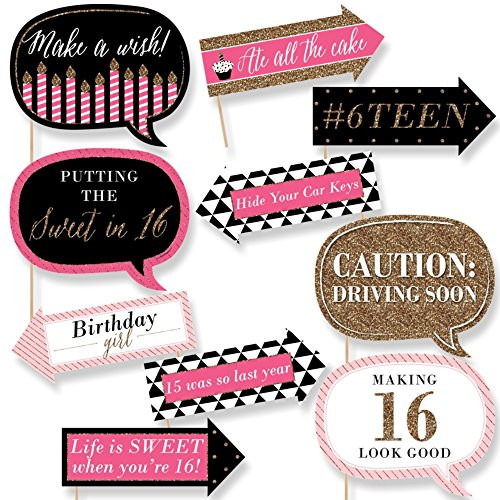Big Dot of Happiness Funny Chic Sweet Sixteen Birthday - Pink, Black and Gold - 16th Birthday Party Photo Booth Props Kit - 10 Piece