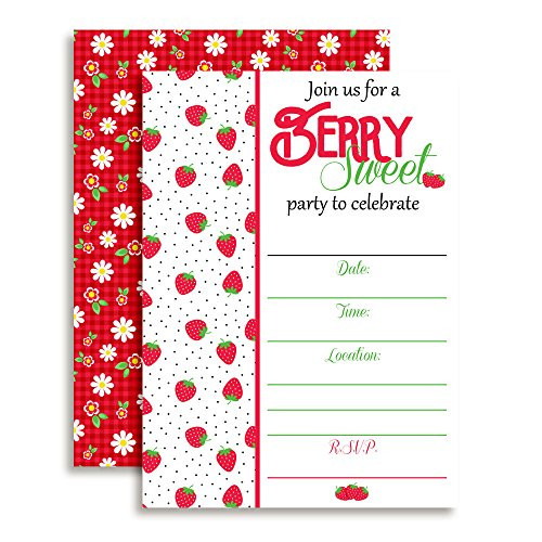 Strawberry Themed Birthday Party Invitations, 20 5"x7" Fill in Cards with Twenty White Envelopes by AmandaCreation