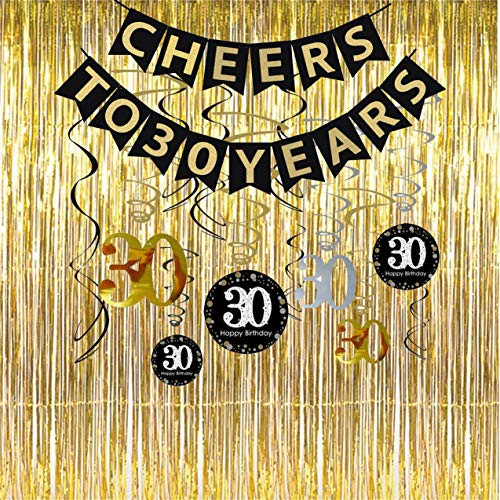30th Birthday Party Decorations KIT - Cheers to 30 Years Banner, Sparkling Celebration 30 Hanging Swirls,Gold Foil Fringe Curtain, Perfect 30 Years Old Party Supplies 30th Anniversary Decorations