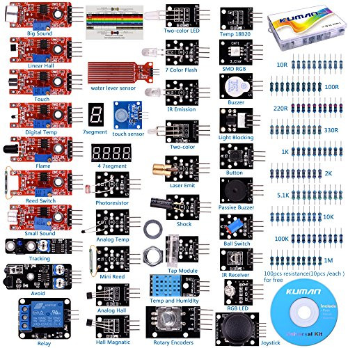 kuman K5-USFor Arduino Raspberry pi Sensor kit, 37 in 1 Robot Projects Starter Kits with Tutorials for Arduino Uno RPi 3 2 Model B B+ K5
