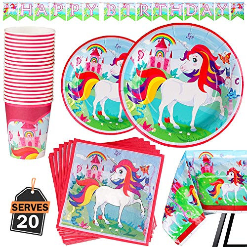 82 Piece Unicorn Party Supplies Set Including Banner, Plates, Cups, Napkins and Tablecloth, Serves 20