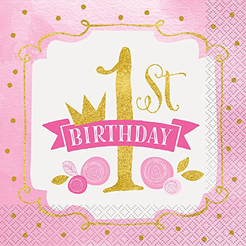 Pink and Gold Girls 1st Birthday Party Napkins, 16ct