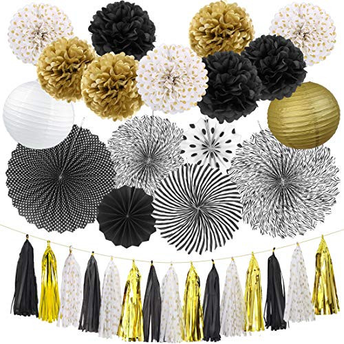 Black and Gold Party Decorations Birthday Party Supplies Paper Fan Set Tissue Pom Poms Paper Lanterns Tissue Garland for Wedding Bridal Shower Baby Shower Birthday Party Decorations (Black and Gold)