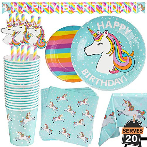 102 Piece Rainbow Unicorn Party Supplies Set Including Banner, Plates, Cups, Napkins, Straws, and Tablecloth, Serves 20