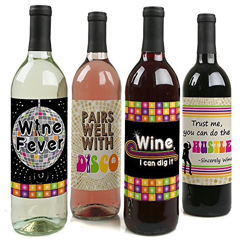 70's Disco - 1970's Disco Fever Party Decorations for Women and Men - Wine Bottle Label Stickers - Set of 4