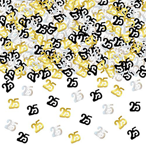 KATCHON 25th Birthday and Anniversary Confetti - 1.7 Oz | Gold Black and Silver 25 Number Confetti | 25th Birthday Party Supplies | Metallic Foil Confetti for Table Decorations