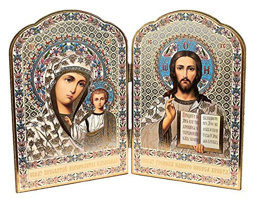Gold Foil Christ The Teacher and Virgin of Kazan Russian Orthodox Icon Diptych 8 Inch
