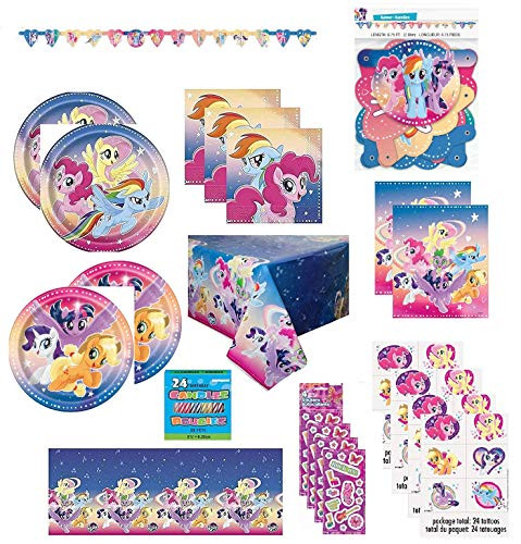 Party Bundle My Little Pony Birthday Party Supply Set for 16 includes Plates, Napkins, Table Cover, Loot Bags, Tattoos, Stickers, Candles