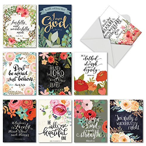 10 Assorted Religious Note Cards 4 x 5.12 inch - All Occasion"Praise Papers" - Watercolor Inspirational Christian Quotes and Bible Verse Greeting Card - Boxed Blank Notecard with Envelopes M6635OCB