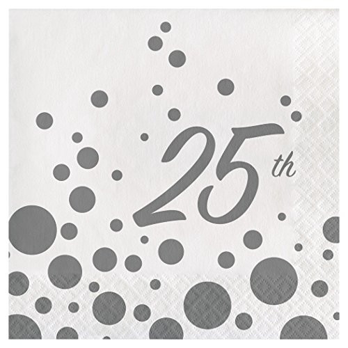 Creative Converting 317850 16 Count 25th Anniversary Paper Lunch Napkins, Sparkle and Shine Silver