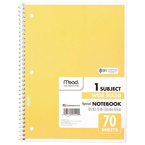 Mead Spiral Notebook, 1 Subject, Wide Ruled Paper, 70 Sheets, 10-1/2  x 8 inches, Yellow (05510AZ7)