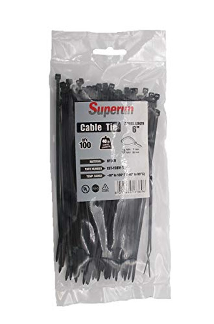 Superun 6 inch selflocking cable tie (Industrial grade zip tie) pack of 100 black