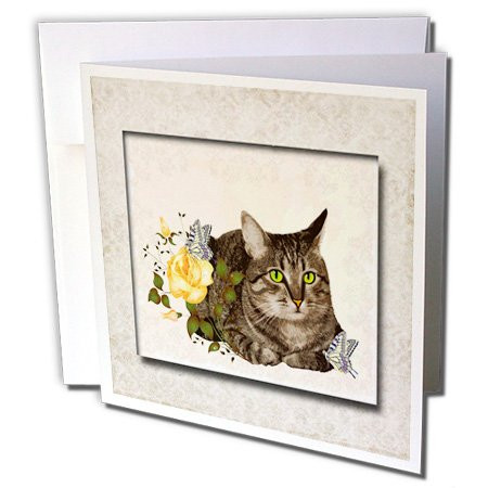 3dRose Greeting Cards, 6 x 6 Inches, Pack of 12, Cat with Rose and Butterflies (gc_149930_2)