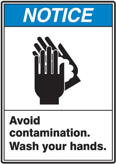 Accuform MRST809VS Adhesive Vinyl Safety Sign, Legend"NOTICE AVOID CONTAMINATION WASH YOUR HANDS" with Graphic, 10" Length x 7" Width x 0.004" Thickness, Blue/Black on White