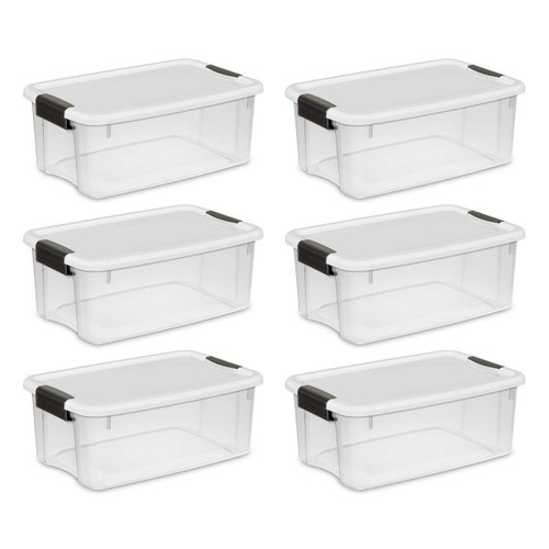 Sterilite 19849806 18 Quart/17 Liter Ultra Latch Box, Clear with a White Lid and Black Latches, 6-Pack