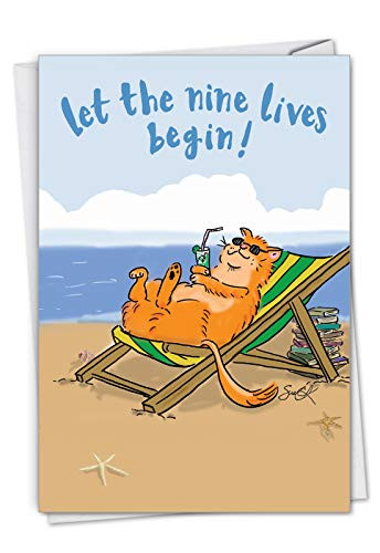 Cat Retirement - Retirement Card with Envelope (4.63 x 6.75 Inch) - Showing a retired cat lounging on the beach C7310RTG