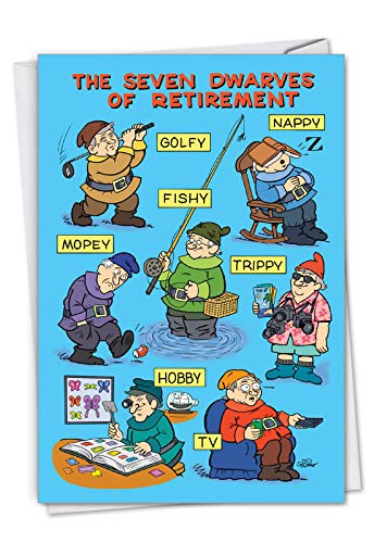 Seven Dwarves of Retirement - Retirement Card with Envelope (4.63 x 6.75 Inch) - Showing stereotypical retired folks C7246RTG