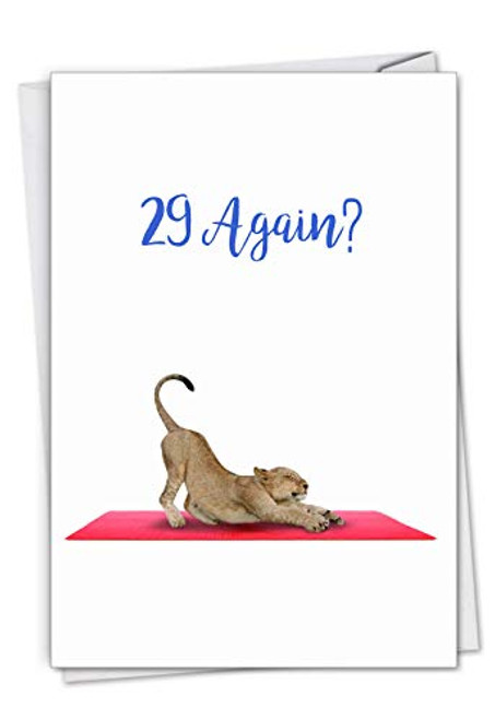 Wildlife Yoga Lioness - Funny Happy Birthday Greeting Card with Envelope (4.63 x 6.75 Inch) - Cute Zoo Lion Birthday Workout - Animal Bday Notecard for 30th Birthday or Older C7030JBDG