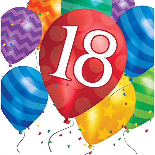 Creative Converting 667818 Balloon Blast 18Th Birthday Lunch Napkins, 6.5 x 6.5, Multicolor