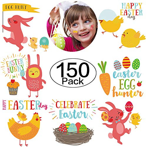 150 Packs Easter Tattoos Temporary Bunny Chicken Tattoos for Easter Egg Hunt, Easter Party Favors for Kids