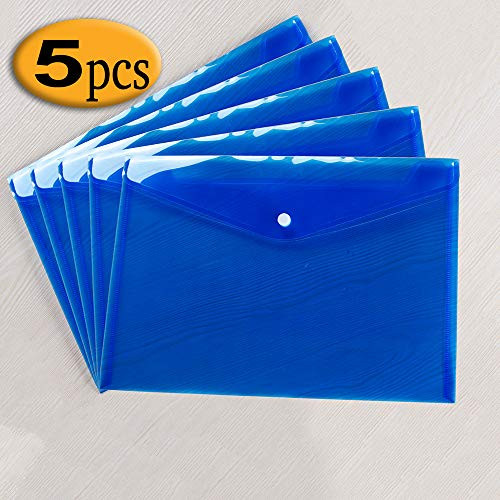 Szjias 5pcs Clear Waterproof Plastic Envelopes Folders Premium File Holder Filing Document Poly Envelope with Snap Button Closure for A4 Letter Paper Size(Blue)