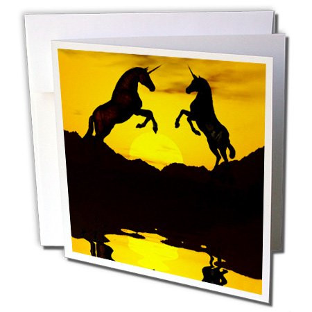 Unicorns In Silhouette, Playing In Front Yellow Sunset - Greeting Card, 6 x 6 inches, single (gc_53818_5)