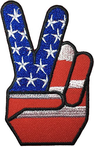 Papapatch USA American Flag Two Fingers Peace Victory Sign Embroidered Sewing Iron on Patch - Red, White, Blue (IRON-2FINGER-PEACE-RWB)