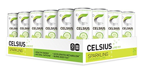 CELSIUS - Sweetened with Stevia - Sparkling Cucumber Lime Fitness Drink, ZERO Sugar, 12oz. Slim Can, 24 Pack CELSIUS - Sweetened with Stevia - Sparkling Cucumber Lime Fitness Drink, ZERO Sugar, 12oz. Slim Can, 24 Pack