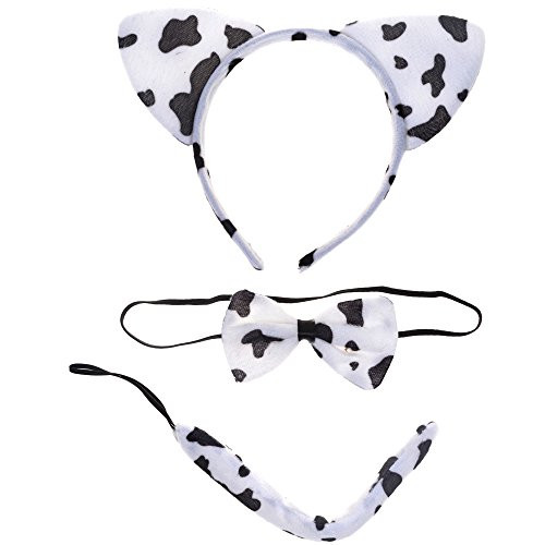 BCP Kitty Cat Ears, Tail, and Bow Tie Party Halloween Costume kit(Cow Style) White,Black