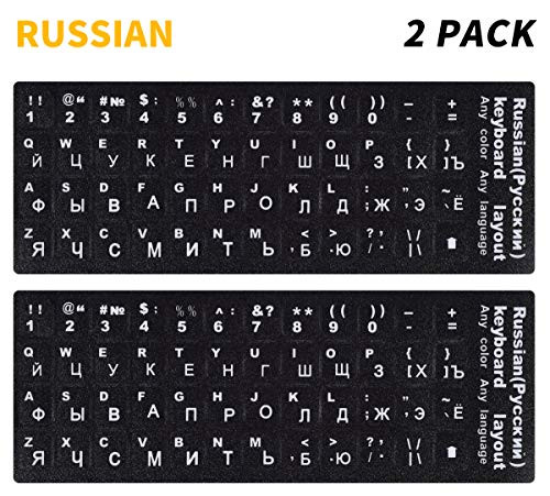 [2PCS Pack] Russian Keyboard Stickers, Computer Keyboard Stickers White Lettering with Black Background for PC Computer Laptop Notebook Desktop (Russian-White)