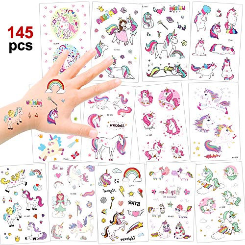 Girls Unicorn Temporary Tattoos, Konsait 145pcs Unicorn Tattoo Kids Unicorn Party Supplies Great Girls Party Favors For Children's Birthday Party Goody Bag Pinatta Fillers Beach Pool Party(13 Sheets)