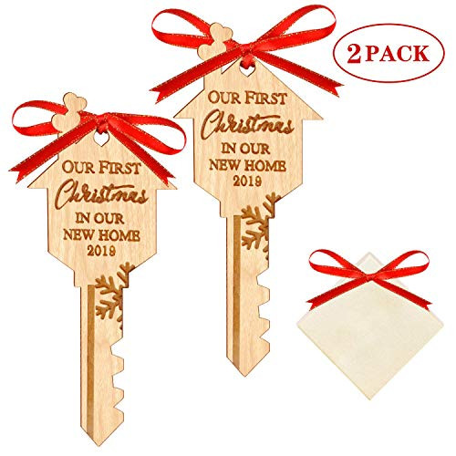 WAVEJOEY 2019 Christmas Ornament Our First Christmas in Our New Home Wooden Key Shape Housewarming Gift Xmas Tree Decoration 2 Pack
