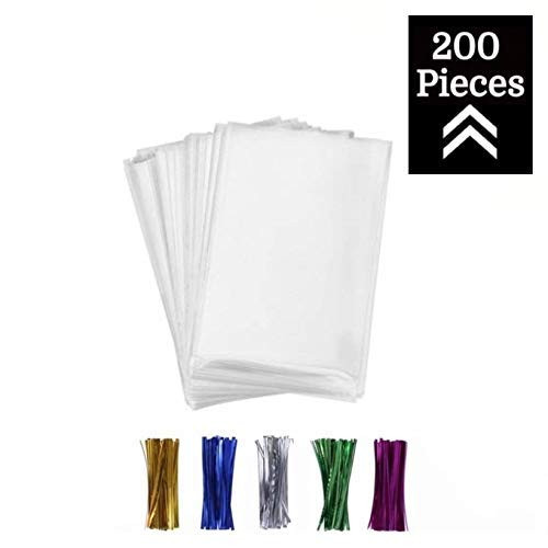200 Pcs 3x4 Clear flat Cello/Cellophane Treat Bags for Gift Wrapping, Bakery, Cookie, Candies, Dessert, Party Favors Packaging, with color Twist Ties!