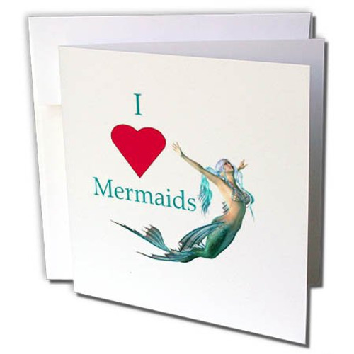 3dRose Image of I Love Mermaids with Pretty Mermaid in Aqua - Greeting Card, 6" x 6", Single (gc_255428_5)