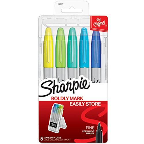Sharpie Permanent Markers with Storage Case, Fine Point, Cool Colors, 5 Count