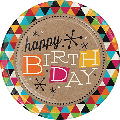 Creative Converting 8 Count Sturdy Style Round Paper Plates, 8.75", Birthday Kraft