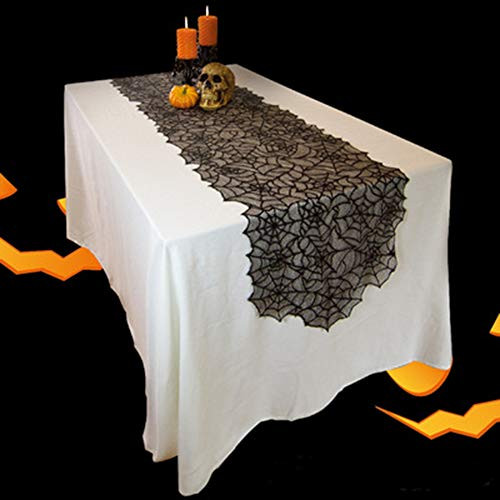 Auony Halloween Lace Table Runners, 18 x 72 Black Spider Web Table Runner for Halloween Dinner Table Decor
