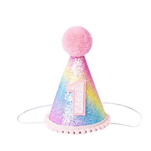 1st Birthday Hat Multicolor Gradient Glitter Sparkle Princess Headband Cone Hat for Baby Girl Party Supplies