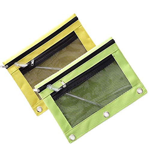 DIYOMR Binder Zipper Pencil Pouch Case Pencil Case, B5 Size Binder Pockets for Stationery, 3 Ring Pencil Pouch Pencil Bag with Double Pocket and Clear Mesh Window, Green and Yellow