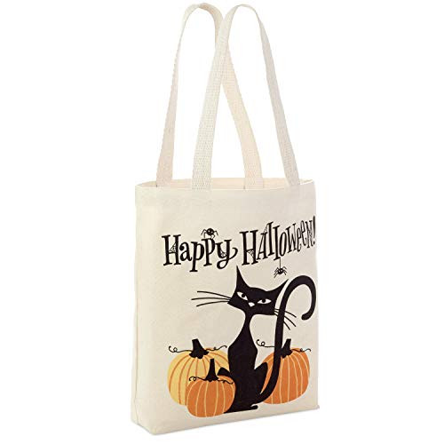 Hallmark 13" Large Halloween Tote Bag (Black Cat and Pumpkins) Reusable Canvas Bag for Trick or Treating, Grocery Shopping and More