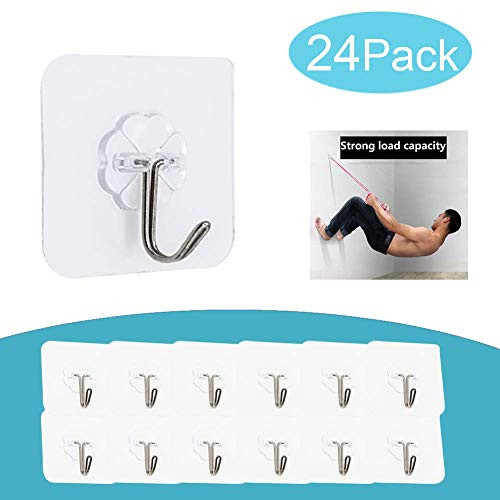 24 Packs Wall Hooks 15lb(Max) Transparent Adhesive Hooks,Waterproof and Oilproof for Bathroom Kitchen Party Decoration Heavy Duty Self Adhesive Wall Hooks- Hushtong (24) 24 Packs Wall Hooks 15lb(Max) Transparent Adhesive Hooks,Waterproof and Oilproof for Bathroom Kitchen Party Decoration Heavy Duty Self Adhesive Wall Hooks- Hushtong (24)