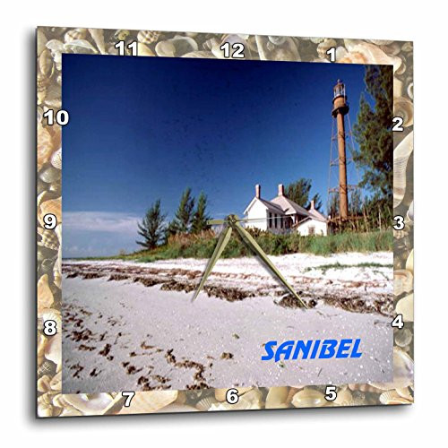 3dRose dpp_43735_1 Famous Sanibel Lighthouse Framed in Seashells-Wall Clock, 10 by 10-Inch